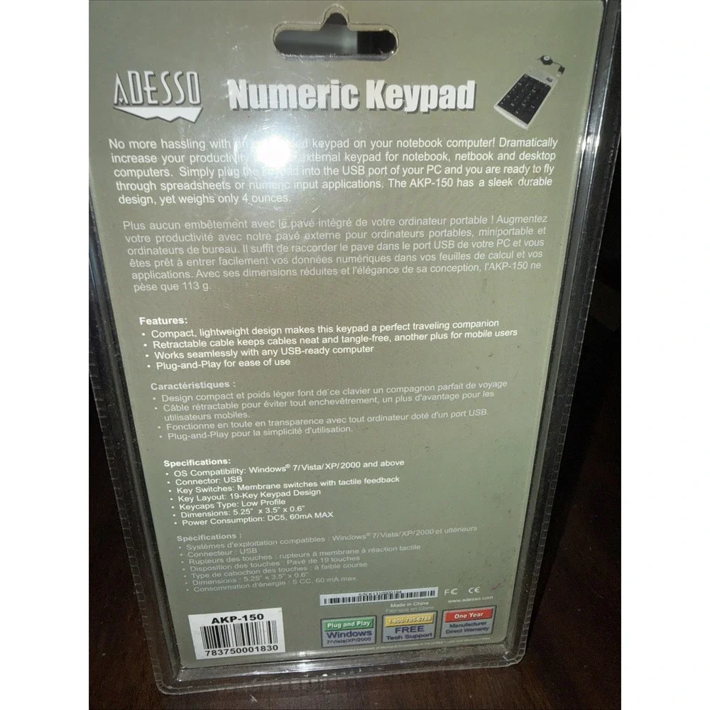 Adesso AKP-150 Wired Retractable USB Numeric Keypad for Windows‎ 7+ NEW IN BOX